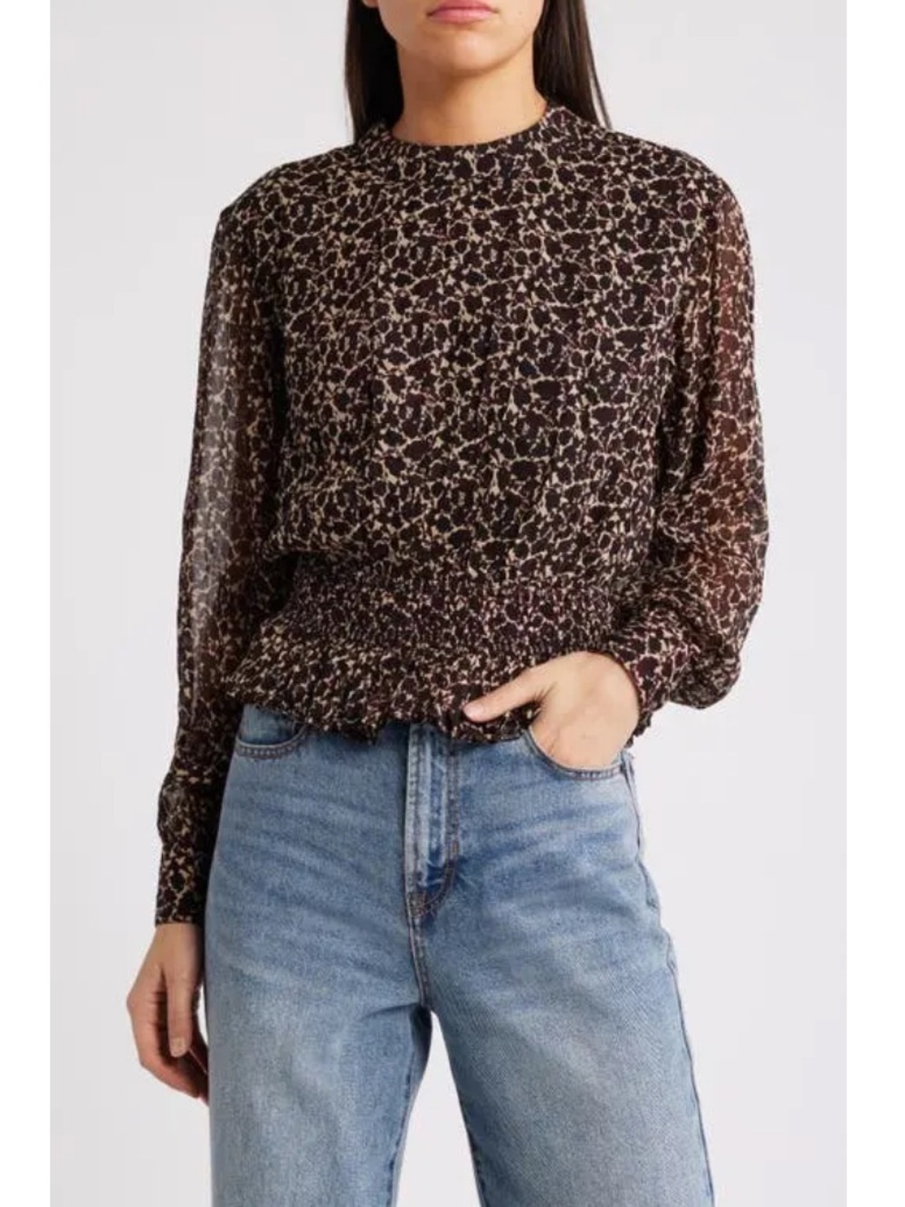 NWT Cleobella Noreen Medici Print Smocked Peplum Blouse XS Boho Sheer Sleeve